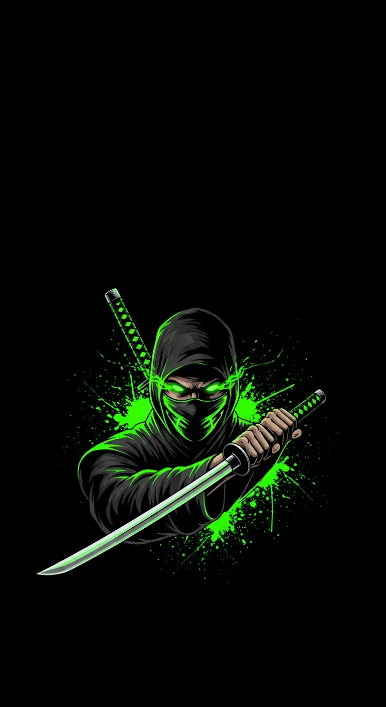 Dark AMOLED Ninja Assassin Illustration with Neon Green Splatter - Free 4K mobile Wallpaper