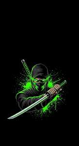 Dark AMOLED Ninja Assassin Illustration with Neon Green Splatter