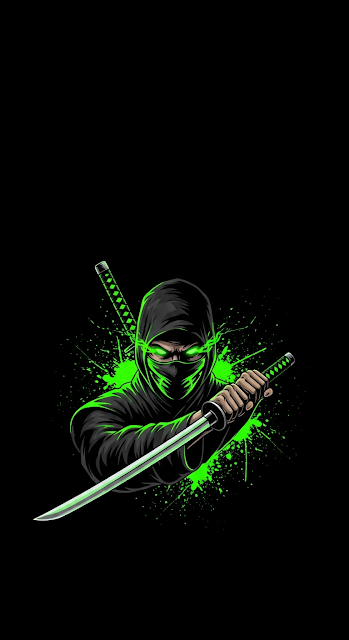 Dark AMOLED Ninja Assassin Illustration with Neon Green Splatter - Free mobile Wallpaper