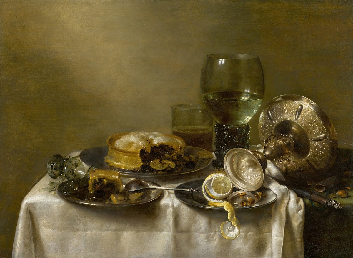 A still lifewith an overturned silver tazza glassware pies and a peeled lemon on 3748x2740 (1)