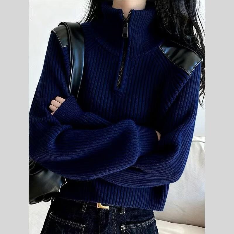 Damen-Strickpullover mit Reißverschluss und Stehkragen