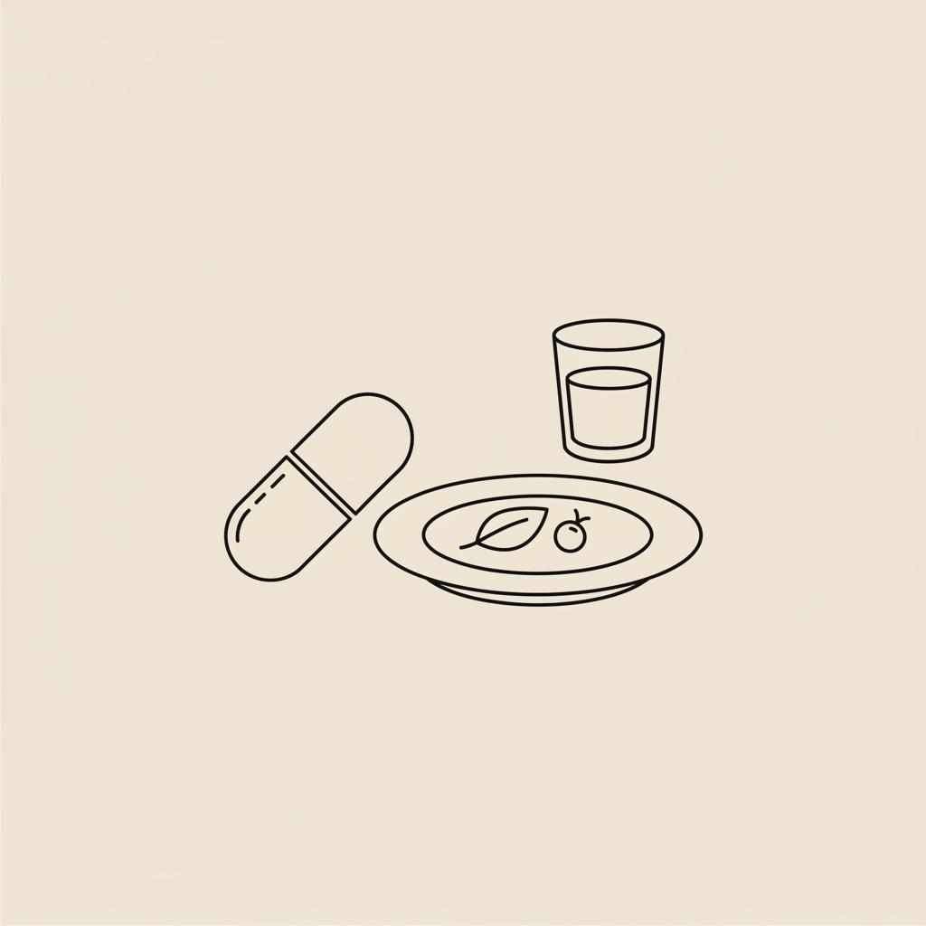 Minimal Tonum-style line illustration of a capsule beside a small plate with a portion of food and a water glass on beige background, representing appetite suppressant drugs.