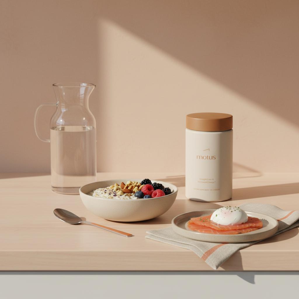 Minimalist morning counter with oats, berries, smoked salmon and a Tonum Nouro container in the background on a beige #F2E5D5 backdrop, showing the product to clear brain fog naturally.