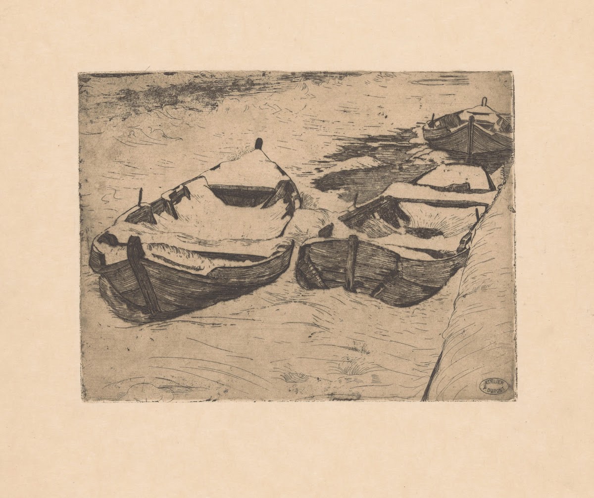 Drie besneeuwde roeiboten bij een wal 1893 1894