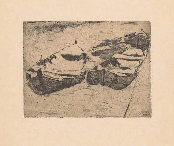 Drie besneeuwde roeiboten bij een wal 1893 1894