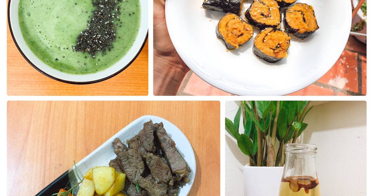 Eat clean: Bò bít tết (344cal) + Khoai lang cuộn rong biển (214cal) + Smoothie (152cal)