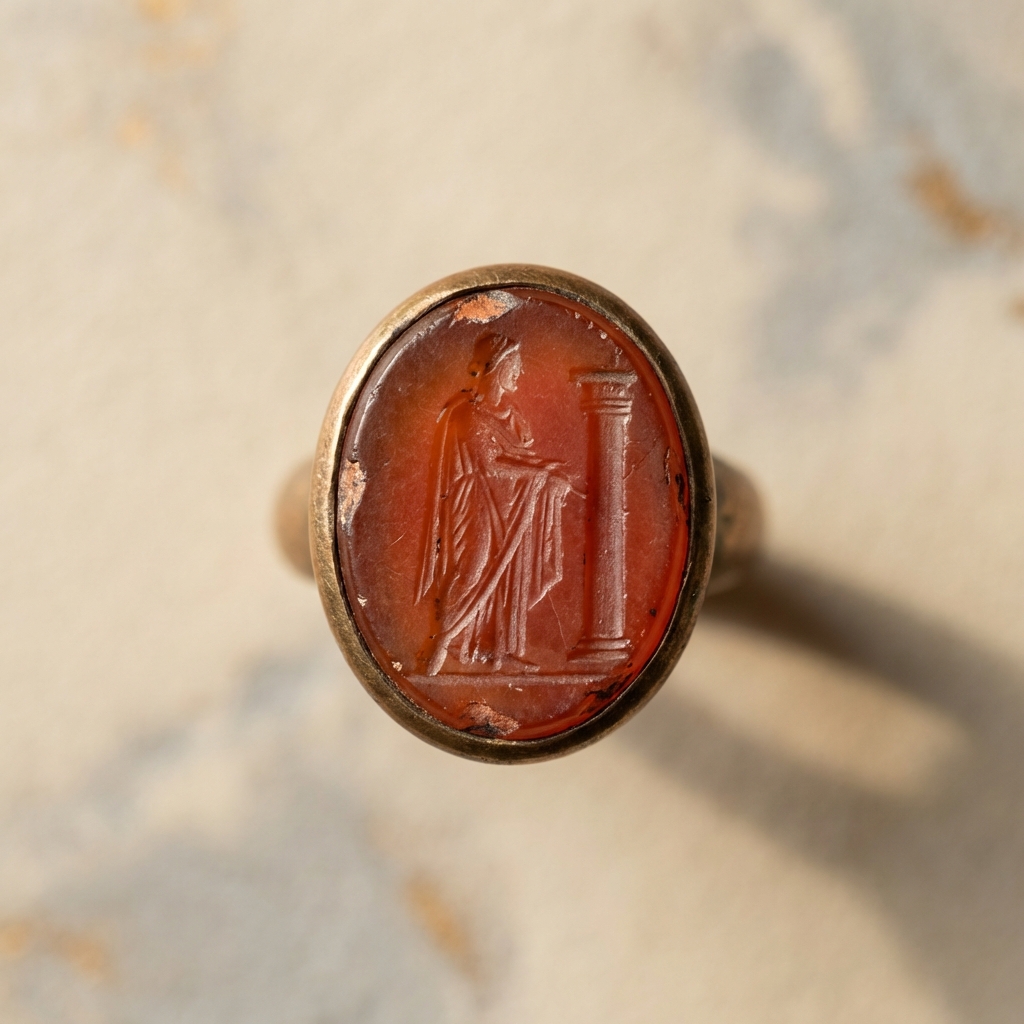Macro photograph of a carnelian intaglio with low relief carving and wear used as ancient roman seal rings on a minimalist beige background ede7da