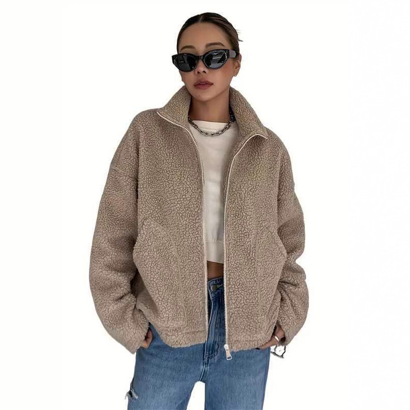 Women's fleece jacket with stand-up collar and zipper