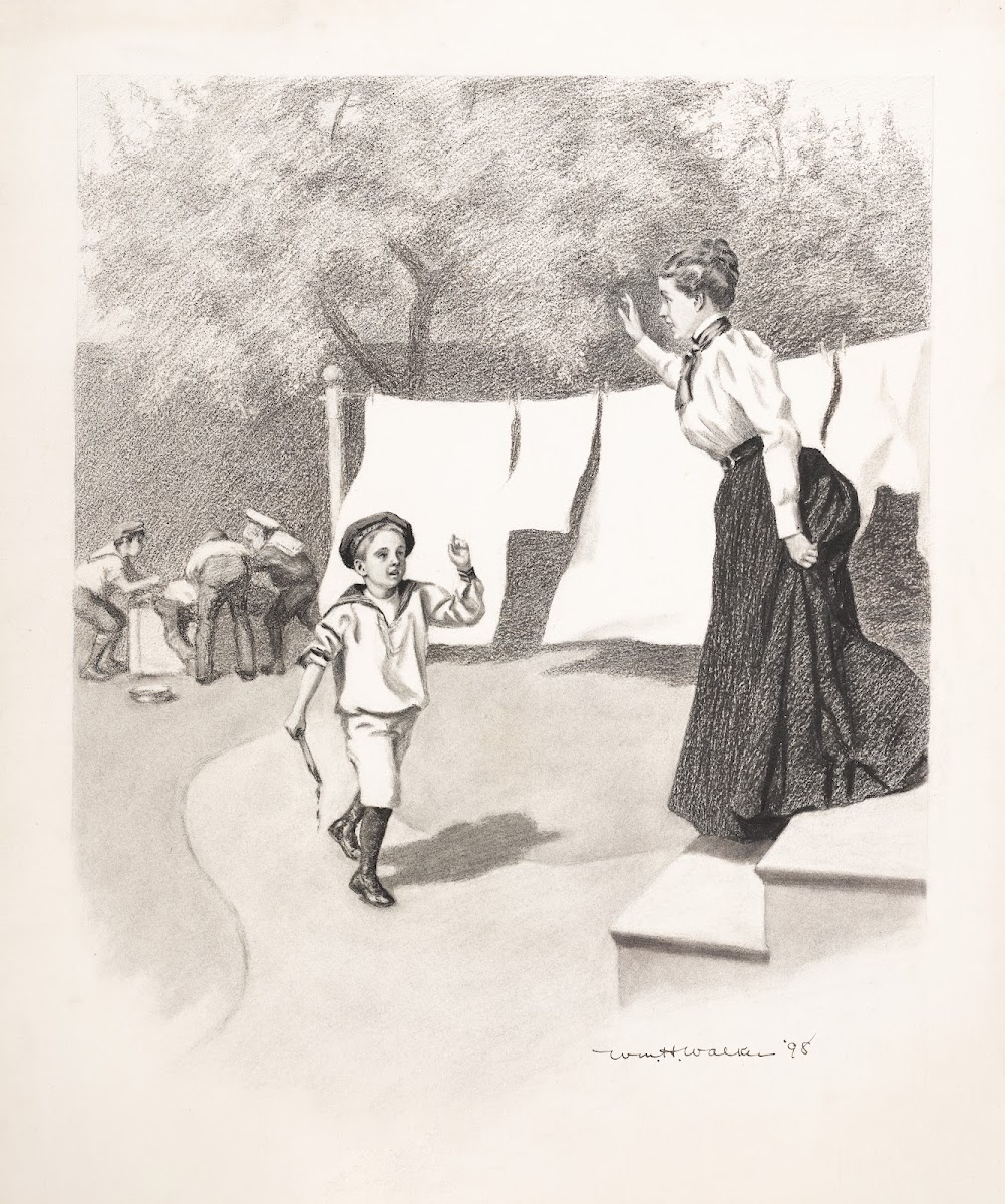 Woman on steps calls to boys in sailor suits 1898
