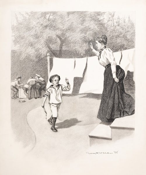 Woman on steps calls to boys in sailor suits 1898