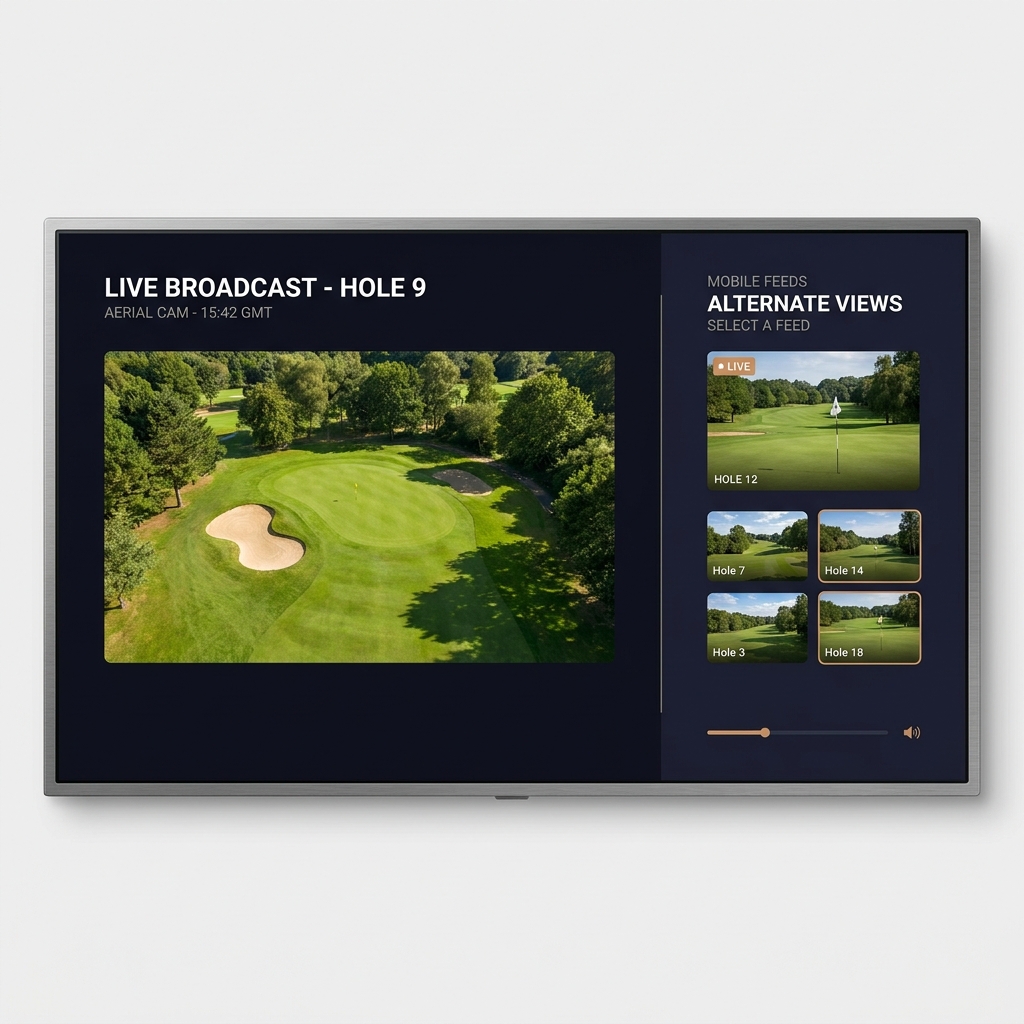 Split screen of televised golf broadcast and mobile streaming app showing alternate holes minimalist Funded Plays styling dark palette john deere classic odds