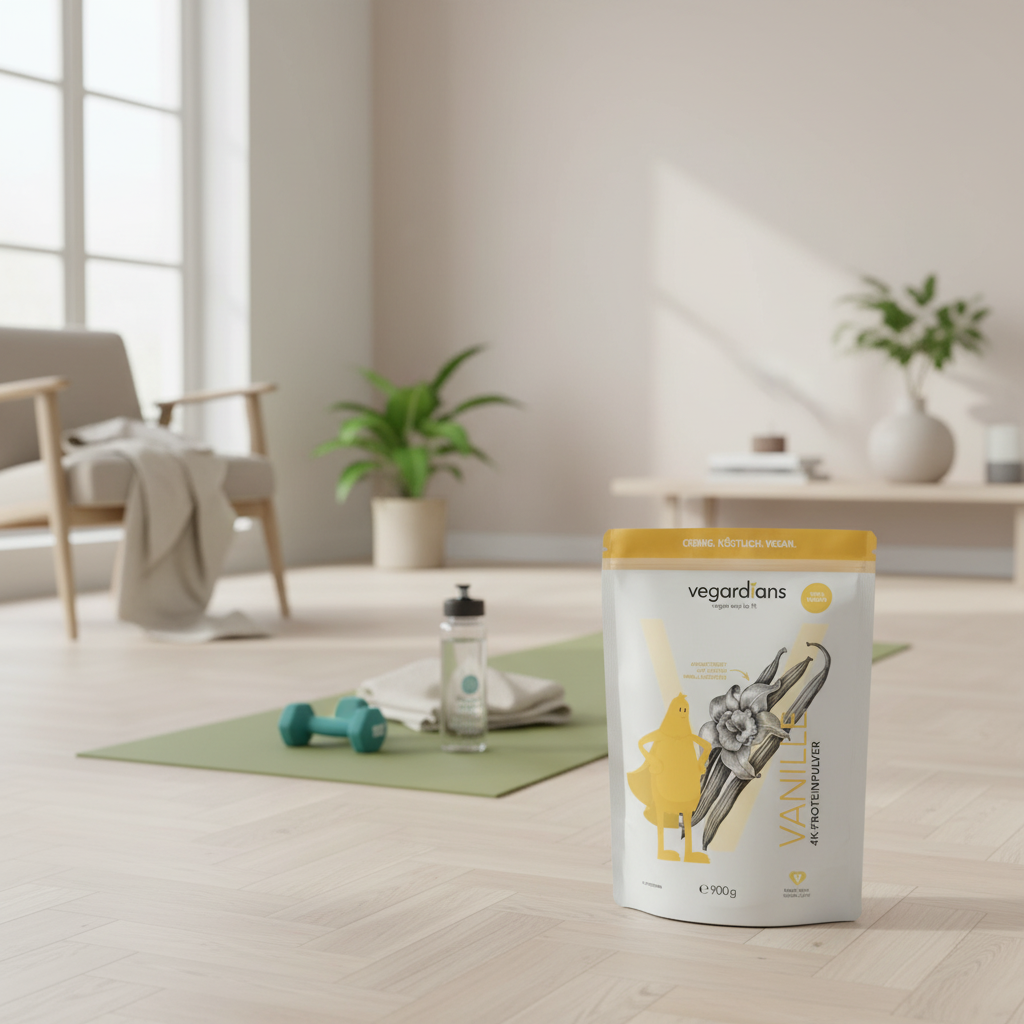 Minimalistische Heimtrainingsszene mit Yogamatte, leichten Hanteln und Vegardians-Produkt im Vordergrund als sojafreies proteinpulver