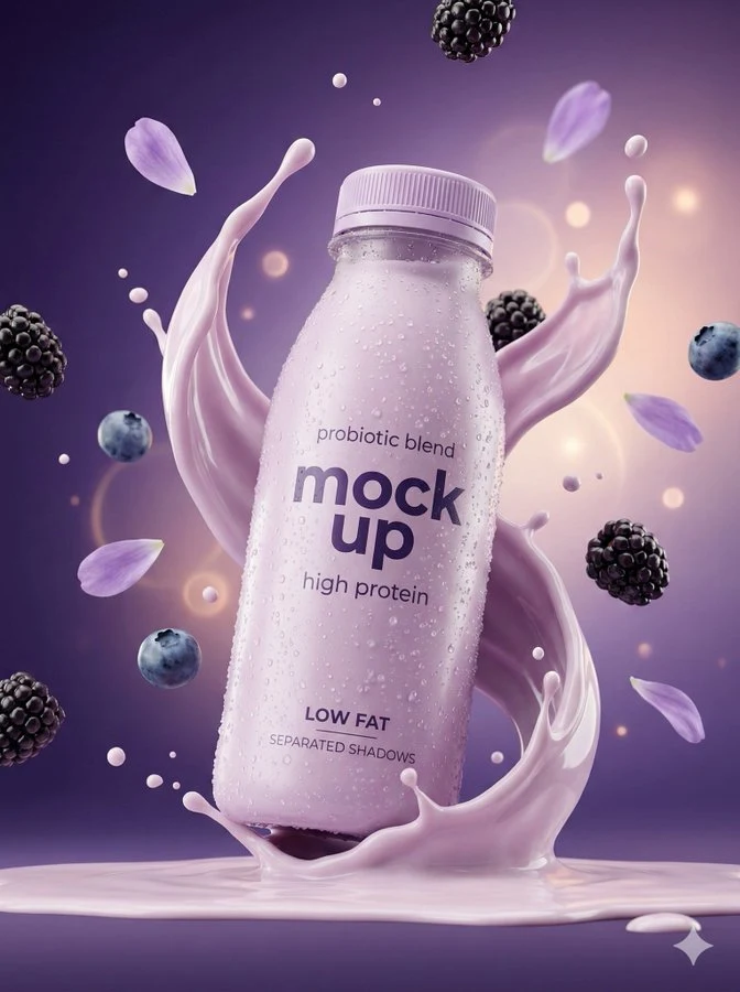 Fotografía ultrarrealista en 8K de una botella de yogur y una lata de bebida electrolítica.
