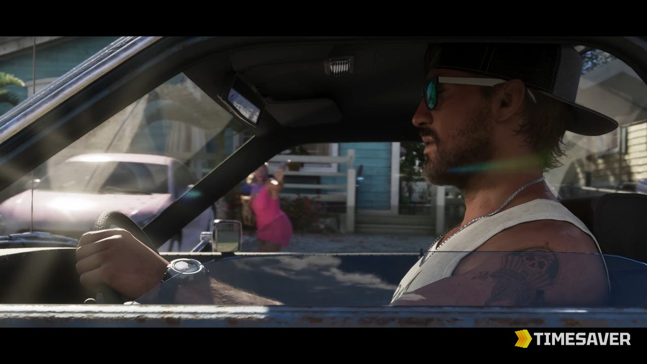 GTA 6 protagonist Jason Duval driving through Vice City in the official Grand Theft Auto VI Trailer 2