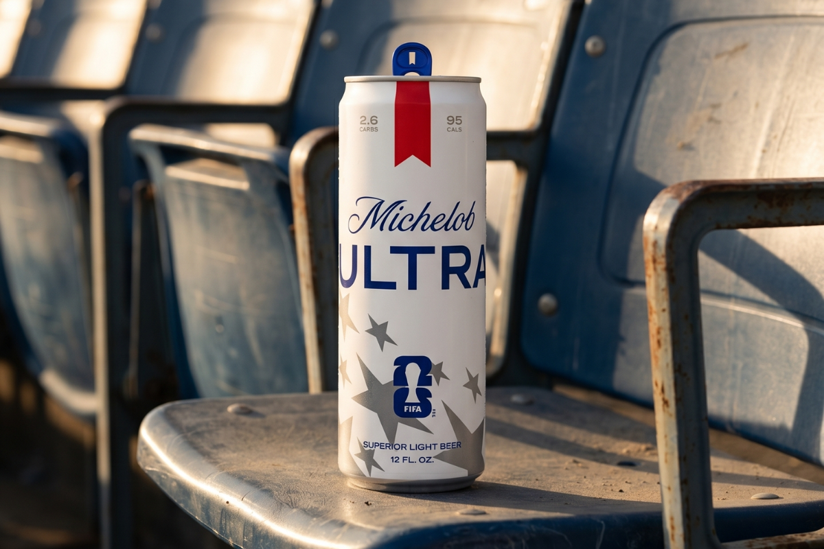 A Michelob Ultra can, the official beer of the FIFA World Cup 2026, sitting on a weathered stadium seat