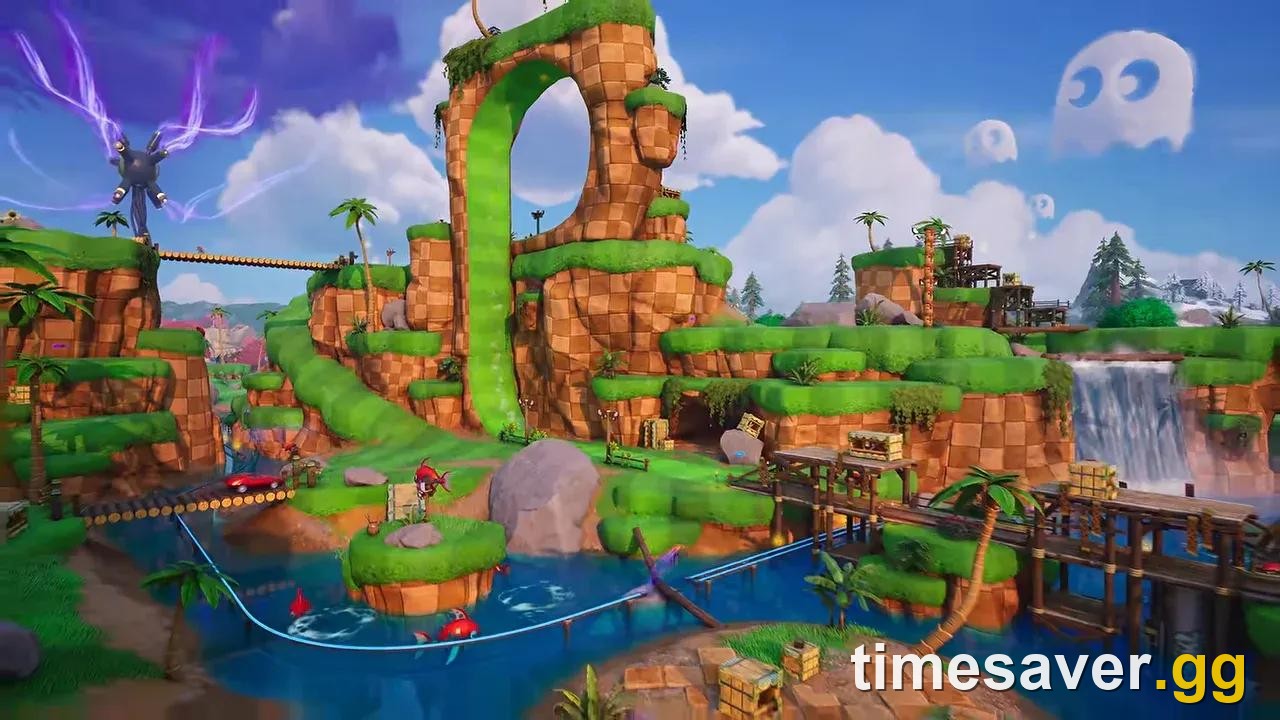 Green Hill Zone, the Sonic-themed POI in Fortnite Chapter 7 Season 4, with looping tracks and checkered hills