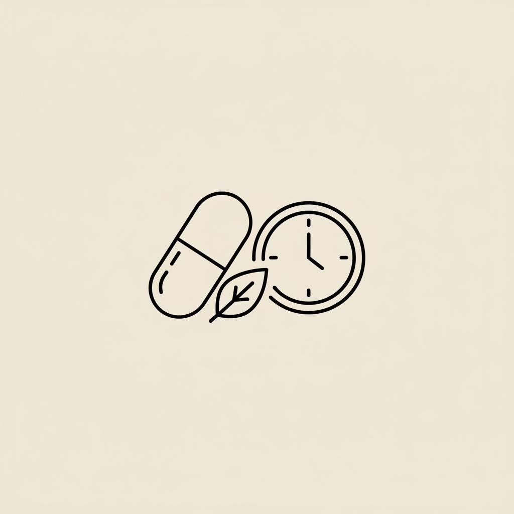 Minimal Tonum-style line illustration of a capsule, small leaf, and stylized clock representing sleep timing for how to lose adrenal belly fat