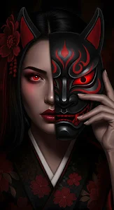 Kitsune Mask Portrait in Black and Crimson Kimono