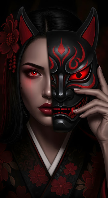 Kitsune Mask Portrait in Black and Crimson Kimono - Free mobile Wallpaper