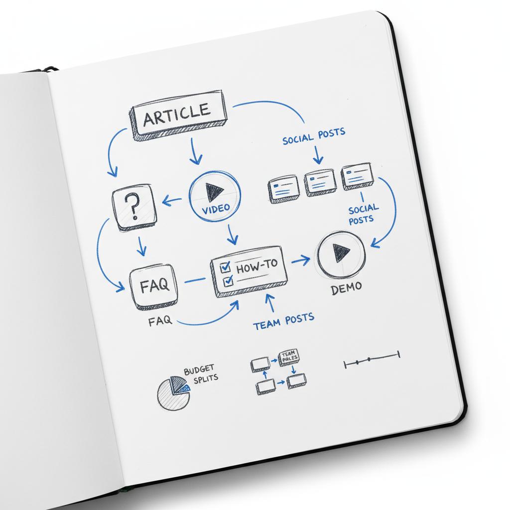 Close-up open notebook with hand-sketched content blocks and blue arrows showing repurposing paths from article to video to social post, best marketing company for small business