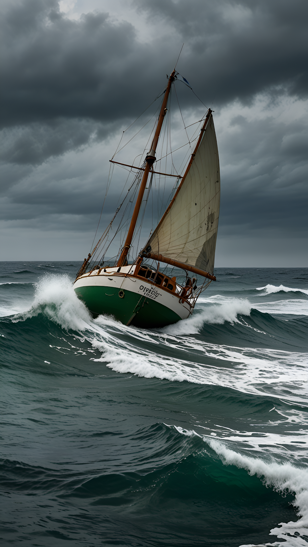 Sailboat Battling Dark Stormy Waves Under Gray Sky - Free 4K mobile Wallpaper