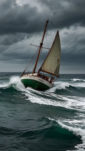 Sailboat Battling Dark Stormy Waves Under Gray Sky - Free mobile Wallpaper