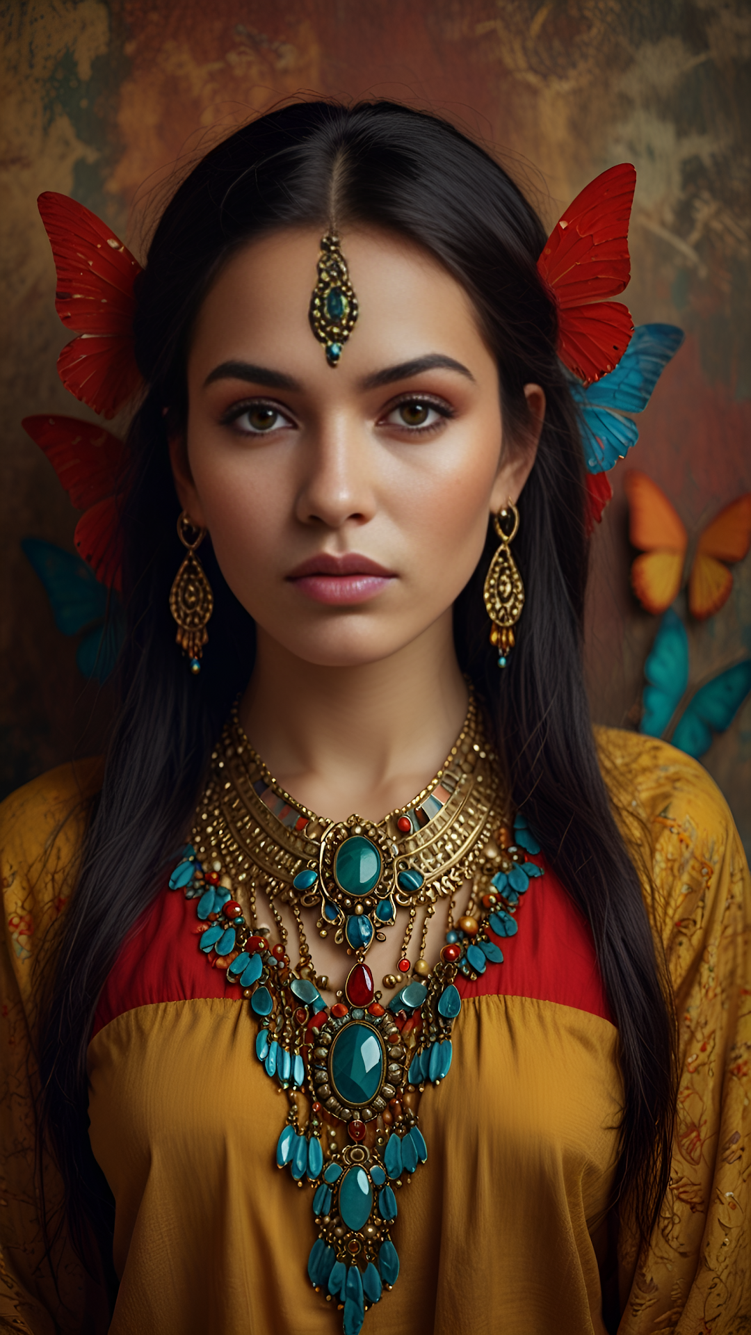 Woman Adorned with Turquoise Jewelry and Colorful Butterflies - Free 4K mobile Wallpaper