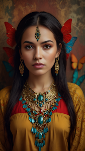 Woman Adorned with Turquoise Jewelry and Colorful Butterflies