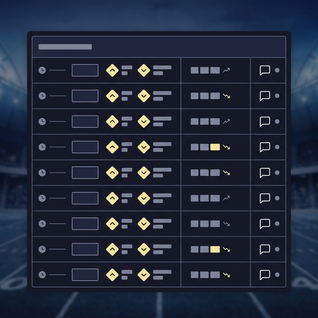 Minimalist 2D vector screenshot mockup of a trade log over a blurred stadium background showing graphical rows for timestamps entry and exit and notes without text Building a Saturday College Football Trading Plan