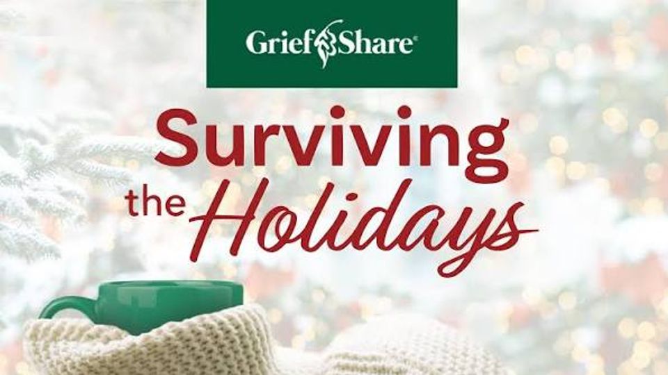 Official GriefShare Surviving the Holidays graphic with a green mug and winter greenery.