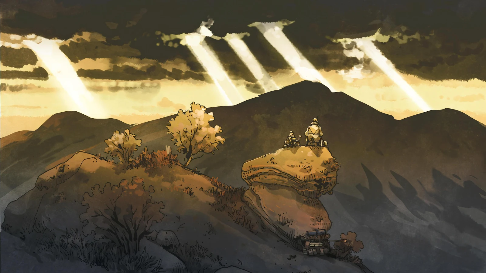 Lone Traveler On Mountain Peak - Digital Illustration 4K Wallpaper (3840x2160)