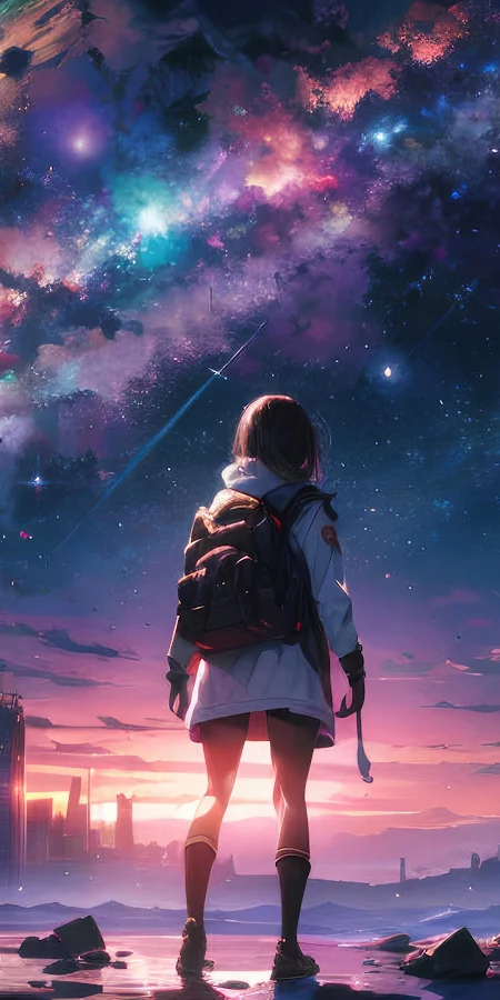 Anime, Galaxy, Girl, Cityscape, Meteors 4K Phone Wallpaper