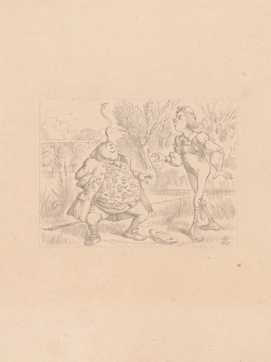 Drawing of Father William balancing an eel on the end of his nose 1866
