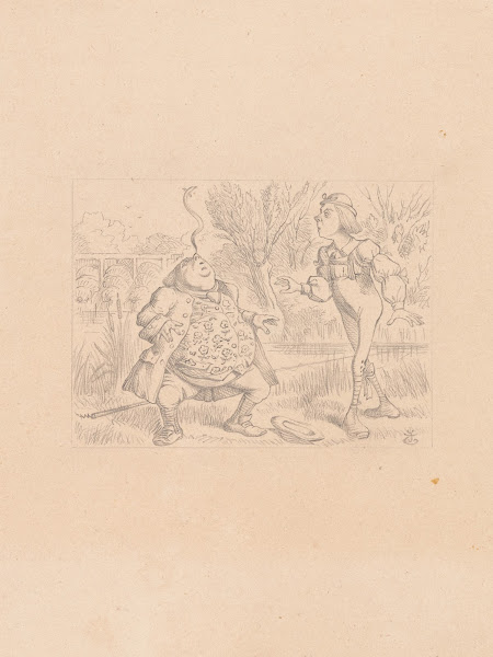Drawing of Father William balancing an eel on the end of his nose 1866