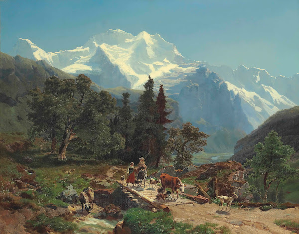 Drovers On A Bridge In An Alpine Landscape 1854