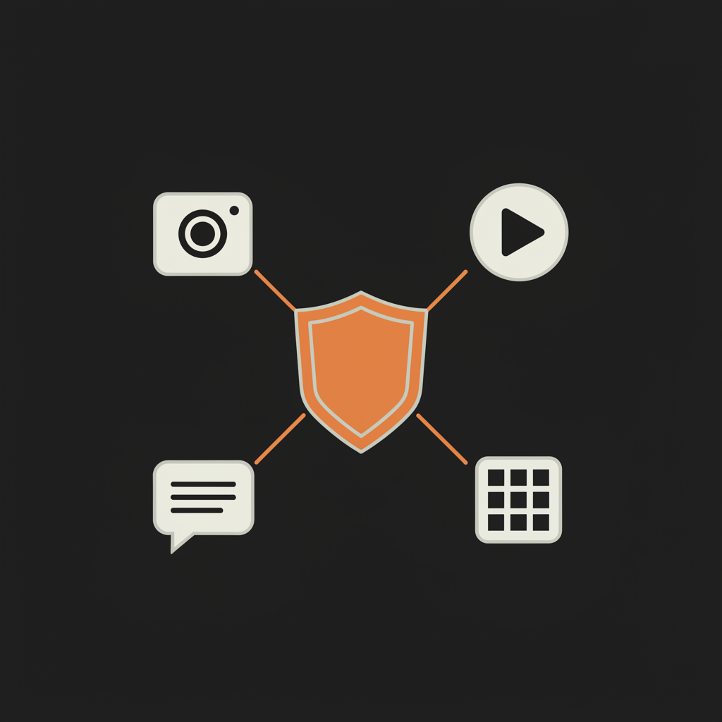 Minimal vector infographic of four stylized social platform icons connected to a central verification shield, illustrating how to get verified for free.