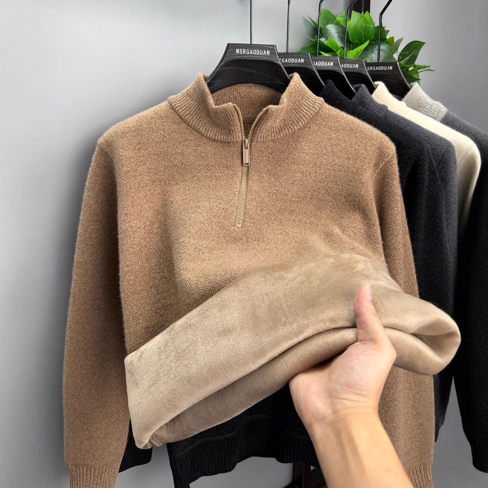 Men's zip-up sweater, lined, stand-up collar