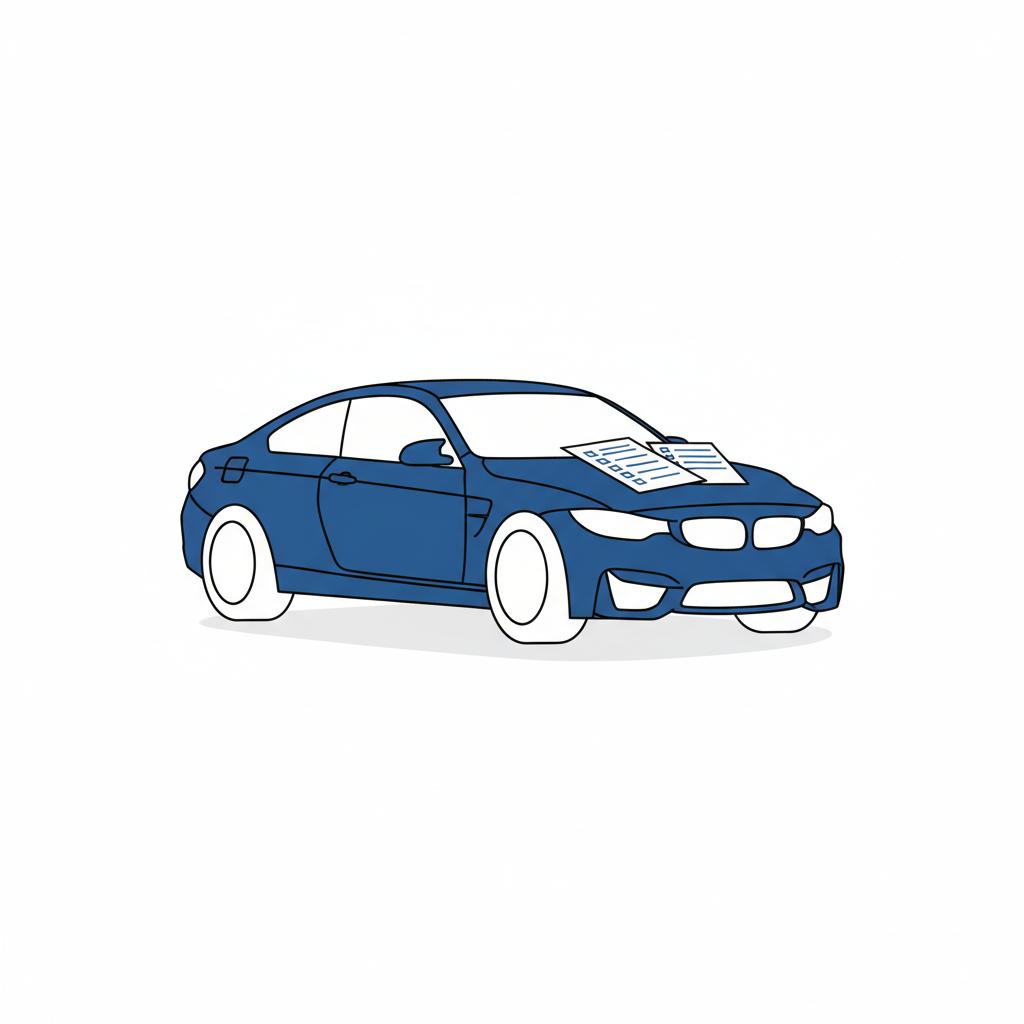 Minimalist 2D vector of a parked sporty coupe and blank vehicle history report on the hood suggesting bmw m4 for sale clean white background with 3666ed accents