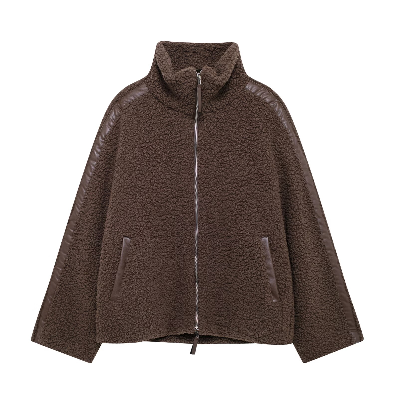 Women's Teddy Fleece Jacket, Stand Collar, Zip, Oversized