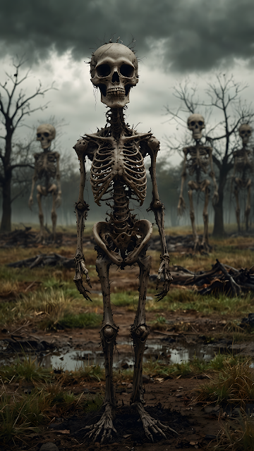 Grim Skeletons Standing in a Dark Swampy Clearing - Free mobile Wallpaper