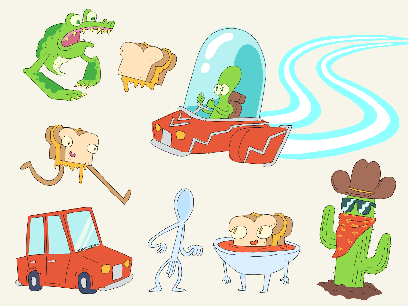 A digital drawing of a collection of characters: a crocodile
               monster in front of a grilled cheese sandwich, an alien in a
               bubble dome spaceship, a grilled cheese with legs jumping over
               a car, a spoon with arms & legs in front of a grilled cheese in
               a bowl with arms & legs, & a cactus with sunnies, bandana, &
               cowboy hat
