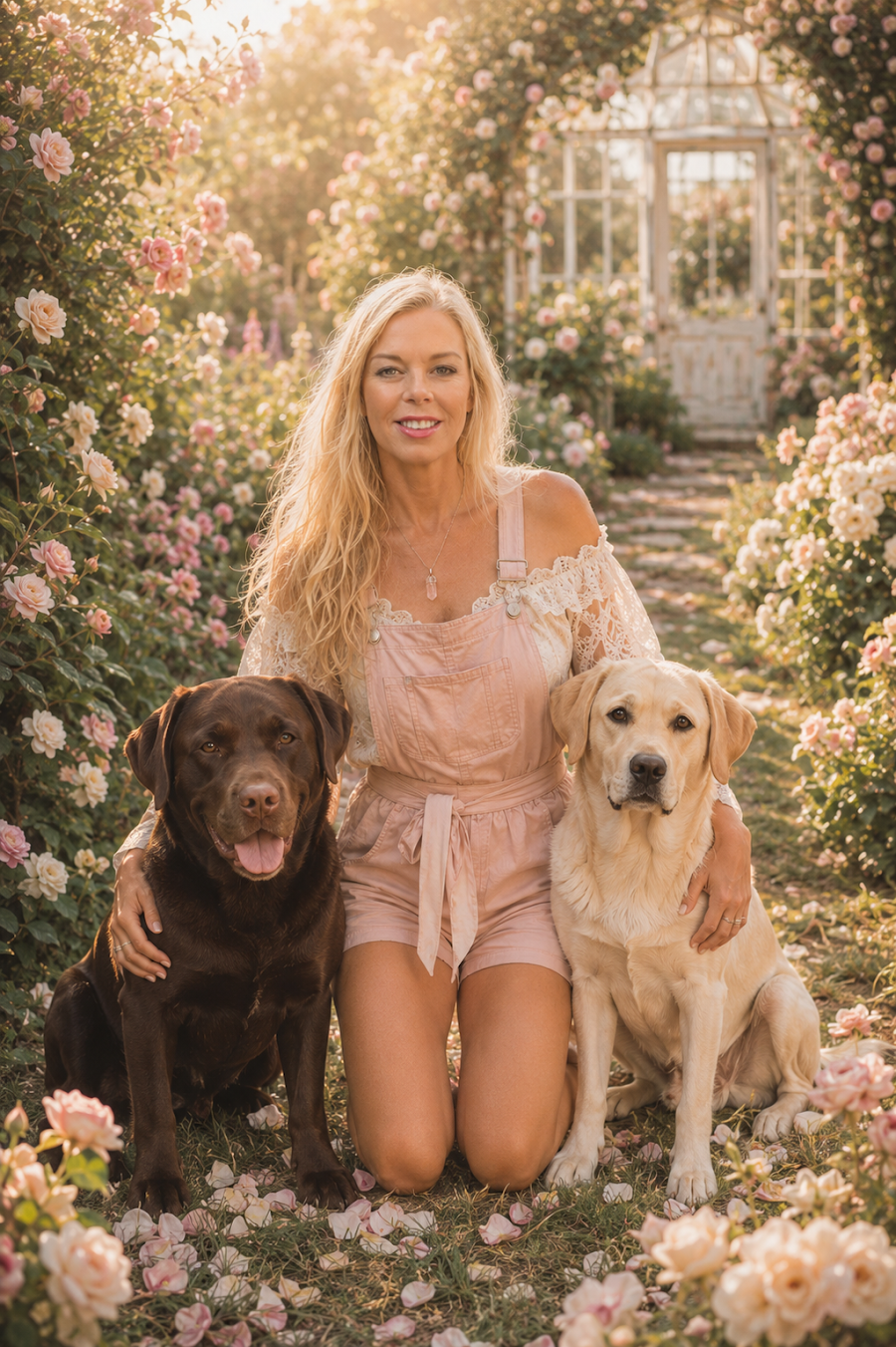Debra Larson in her rose garden with Zeus and Indi