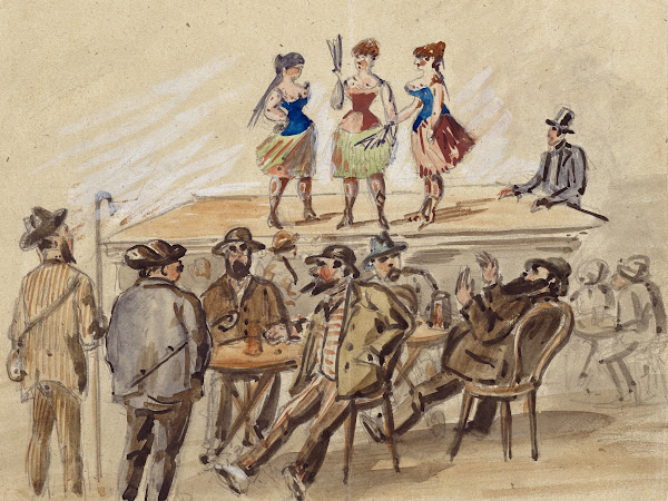 Drei Frauen präsentieren sich auf einer Bühne davor Männer an Biertischen 1882