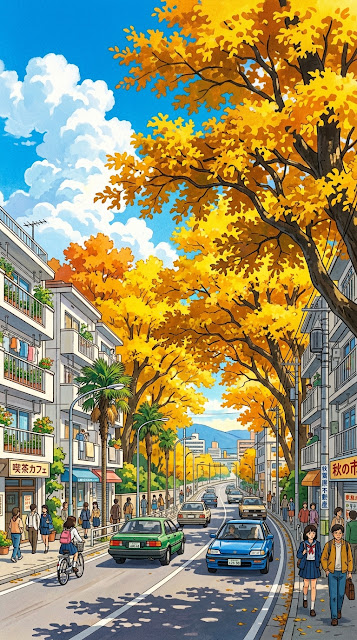 Retro Anime Style City Street with Golden Autumn Trees and Cars - Free mobile Wallpaper