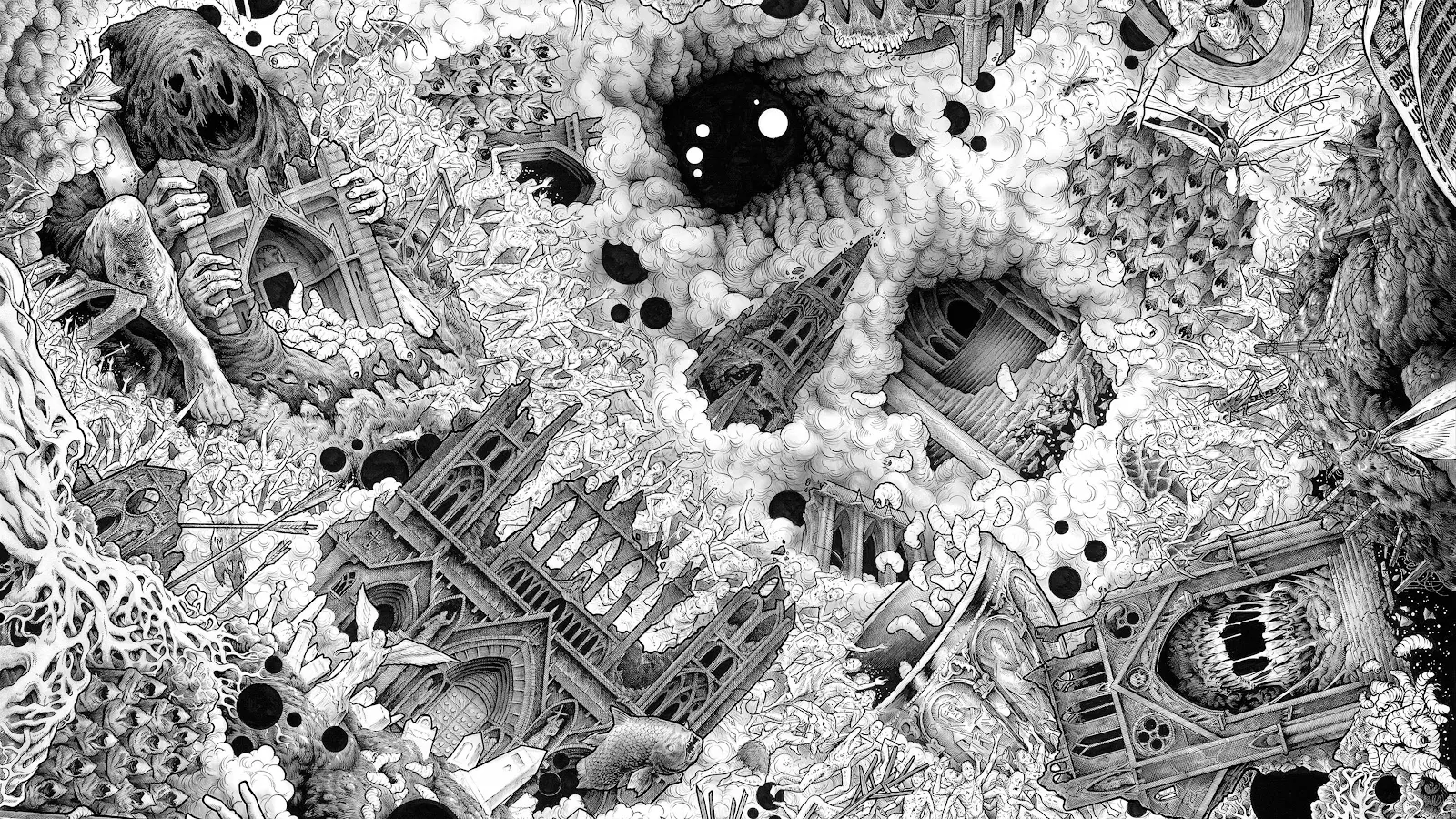 Surreal Gothic Cataclysm Drawing - Detailed Line Art 4K Wallpaper (3840x2160)