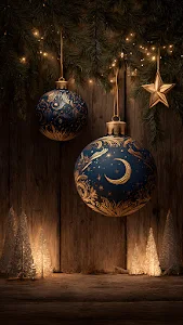 Rustic Christmas Ornaments Blue Gold Wooden Background