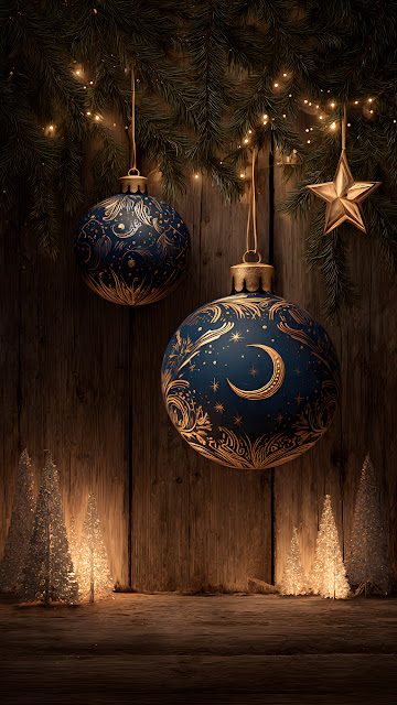 Rustic Christmas Ornaments Blue Gold Wooden Background - Free mobile Wallpaper