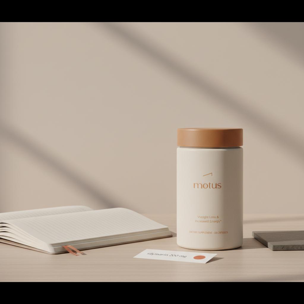 Supplement bottle from the reference photos on a neutral wooden desk with an open notebook and a printed card reading “silymarin 200 mg”, minimalist Tonum styling — milk thistle interactions