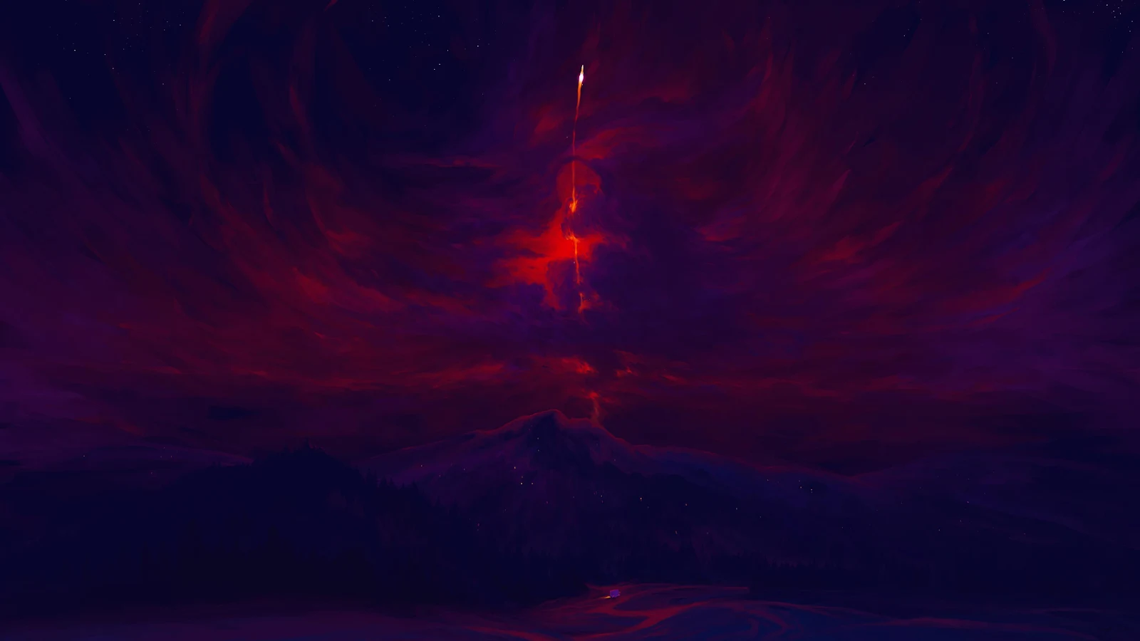 Dark Mountain Under Red Sky - Digital Landscape Painting 4K Wallpaper (3840x2160)