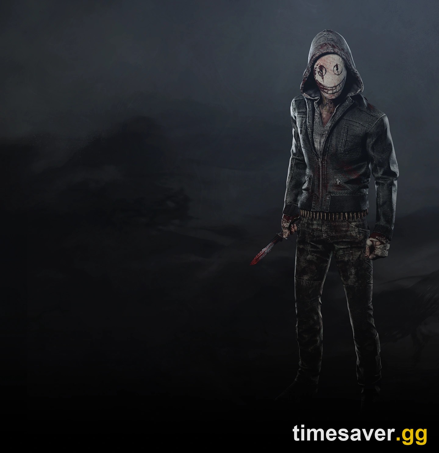 Full-body Dead by Daylight key art render of The Legion standing in fog wearing a grey hoodie and a bloodied smiling mask, hunting knife held low